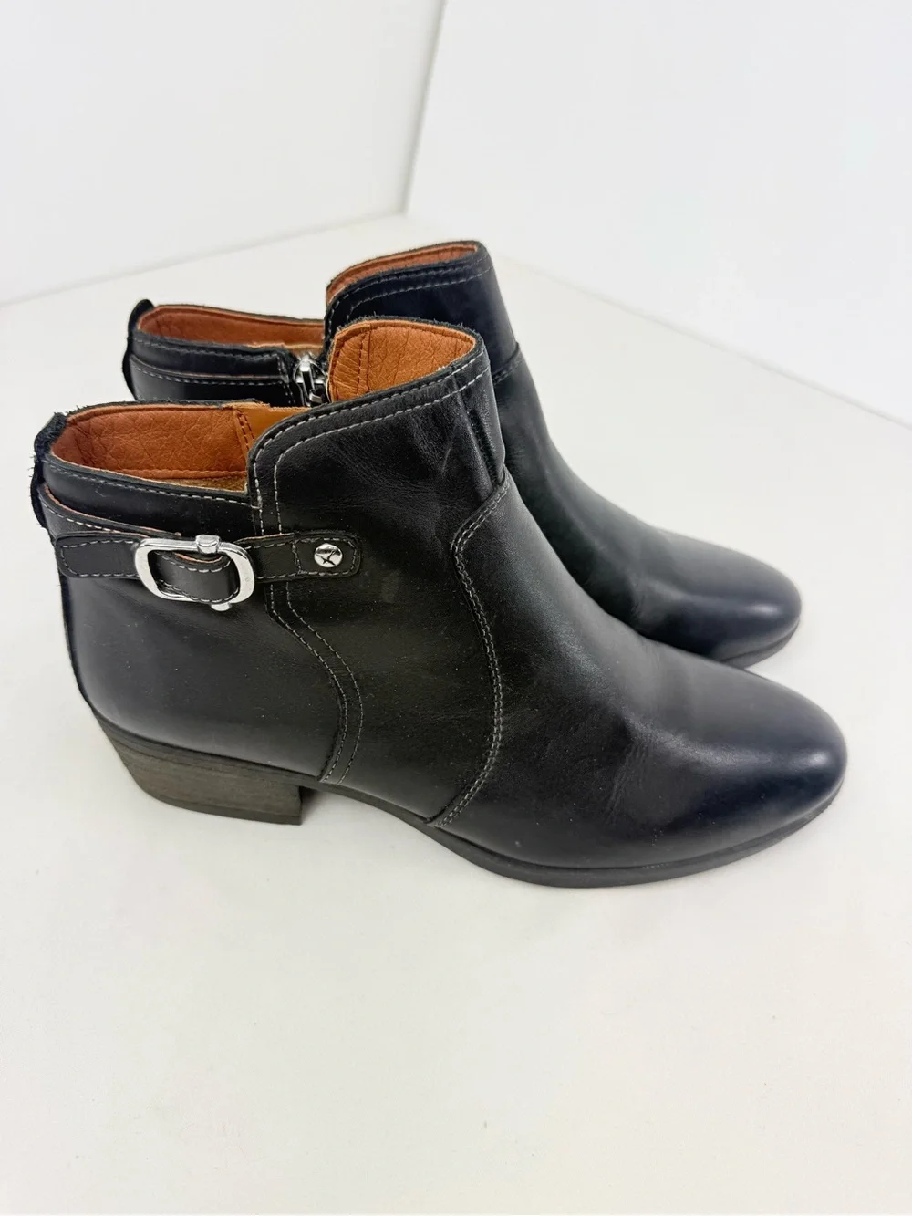 Pikolinos Black Leather Buckle Side Zip Chelsea Ankle Boots